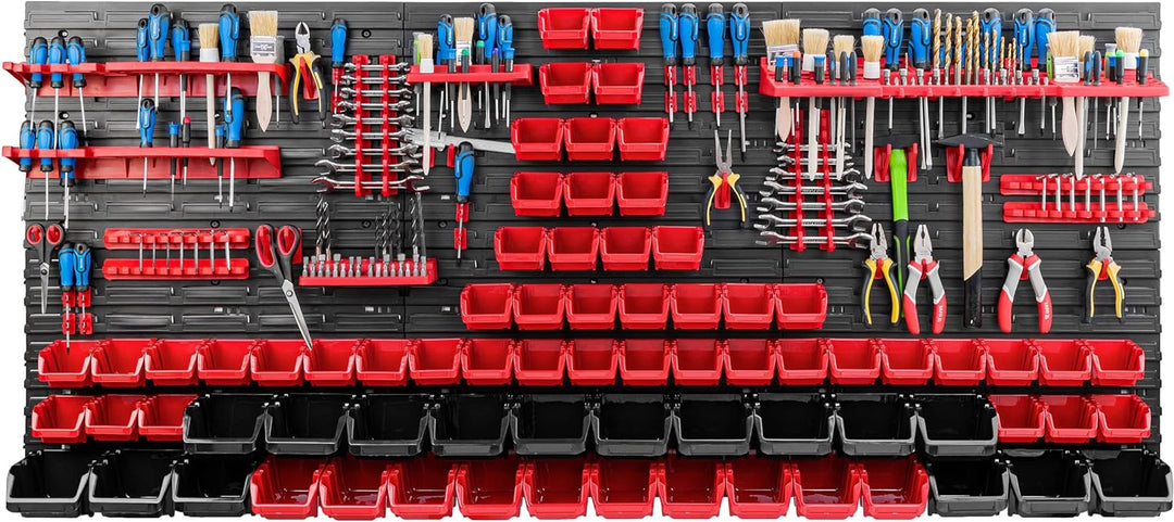 Lagersystem Werkstattregal | 172 x 78 cm | 74 stck. Box | Wandregal mit Werkzeughalterungen und Stap