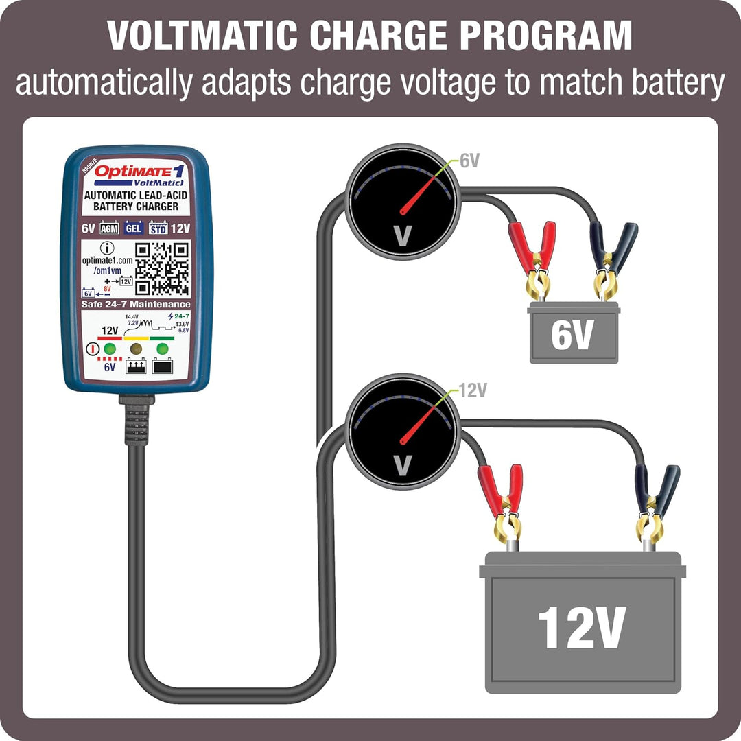 TecMate Optimate 1 VoltMatic, TM-400a, 4-stufiges 6V / 12V 0.6A Batterieladegerät und -wartung