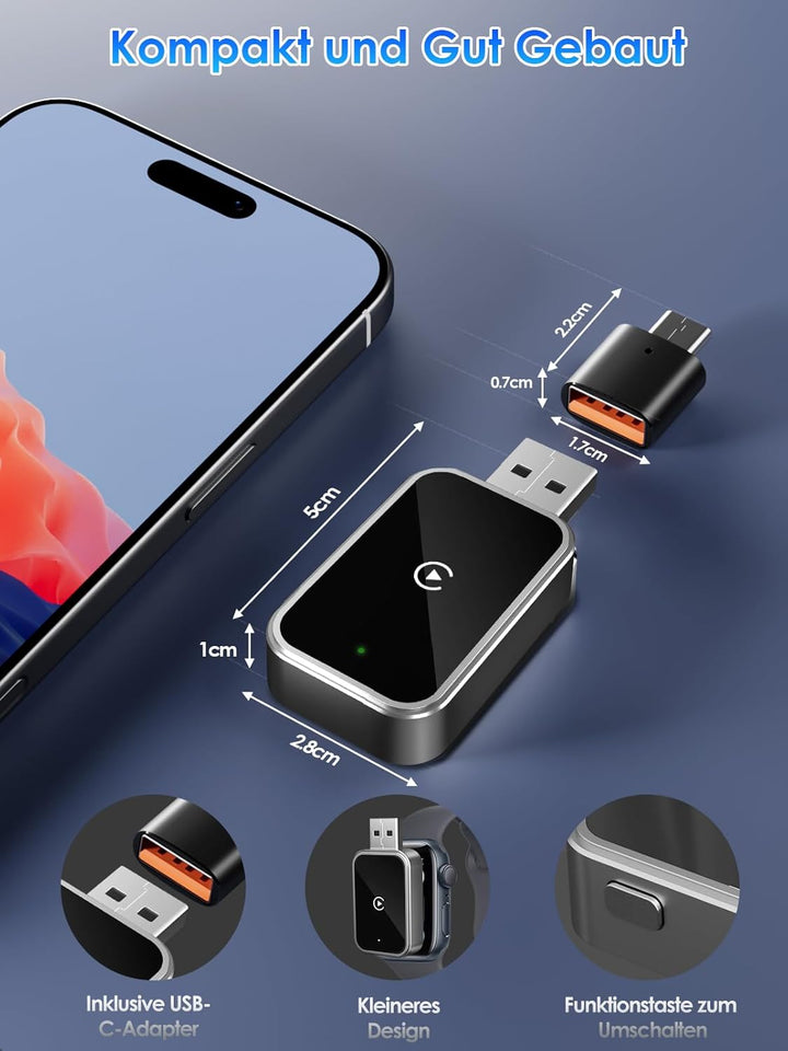 Wireless CarPlay Adapter – PARPAT Kabellose Umwandlung via USB/Type-C, Kompatibel mit iPhone, Stabil