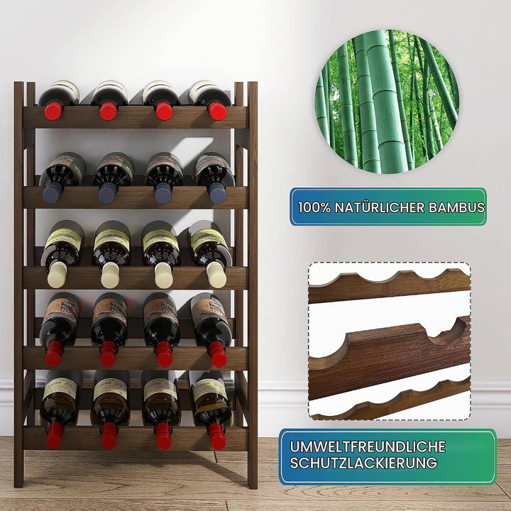 SMIBUY Bambus-Weinregal, 20 Flaschen-Display-Halter, 5-stöckige freistehende Lagerregale für Küche,