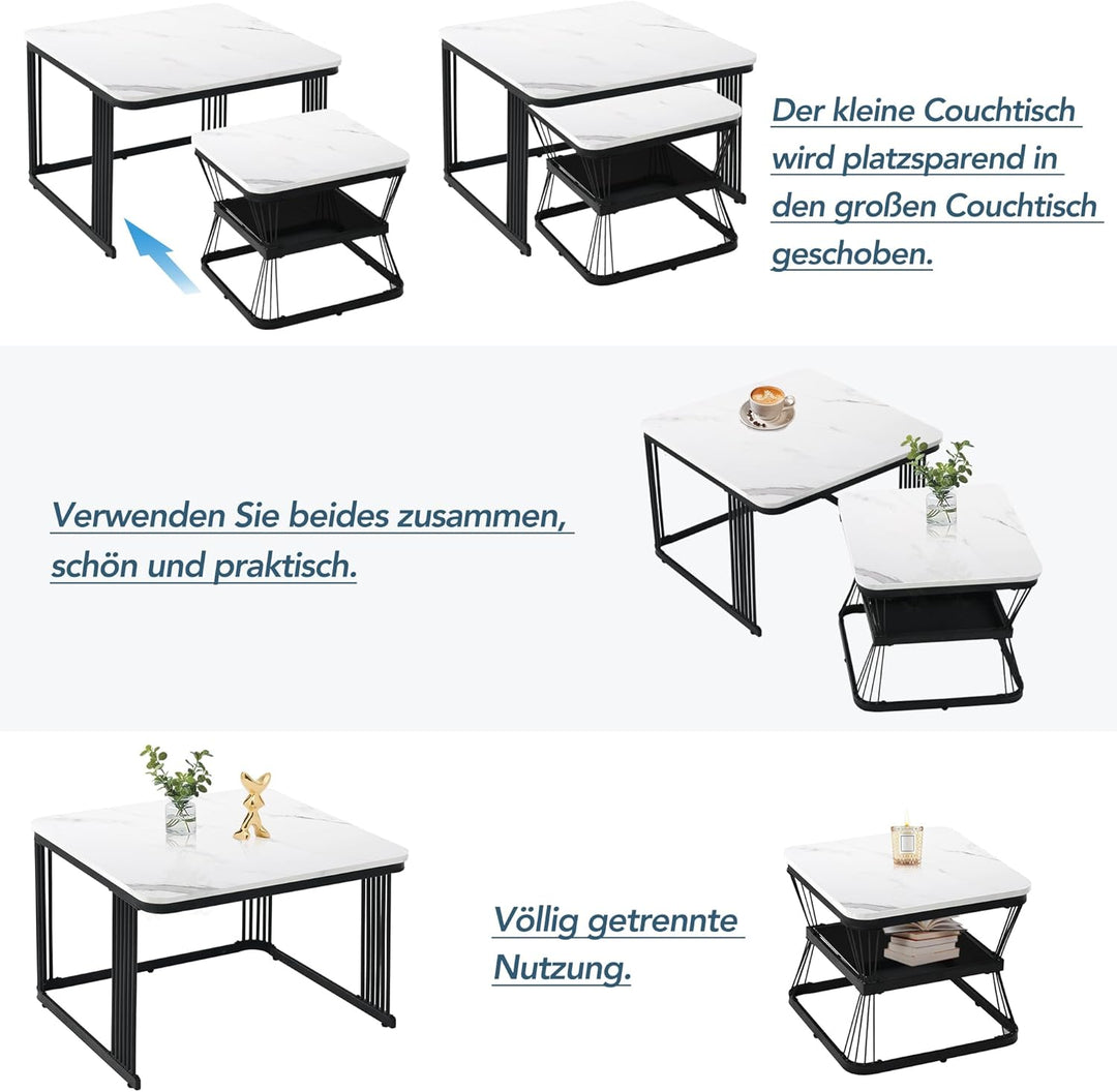 Merax Quadratisch Couchtisch 2er Set, Moderne Wohnzimmertisch mit Marmoroptik, Hochglänzend Satztisc