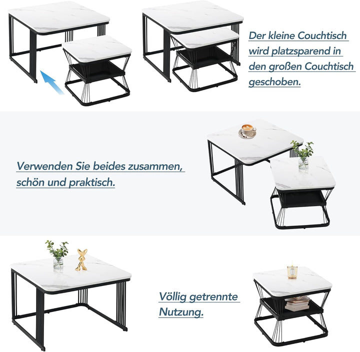 Merax Quadratisch Couchtisch 2er Set, Moderne Wohnzimmertisch mit Marmoroptik, Hochglänzend Satztisc