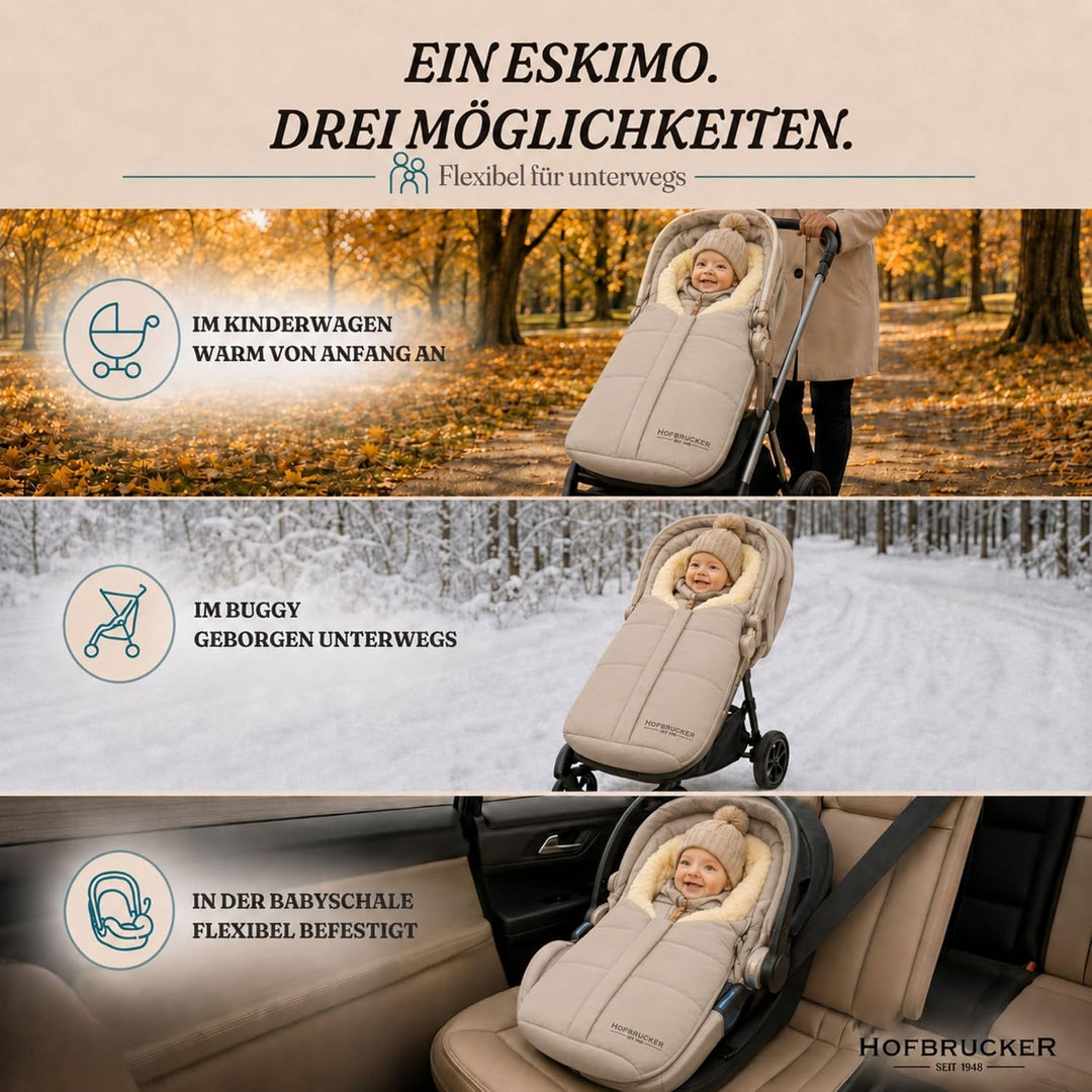 Hofbrucker Lammfell-Fusssack Eskimo für Babyschale, Kinderwagen, Buggy/Universeller Winterfusssack/F