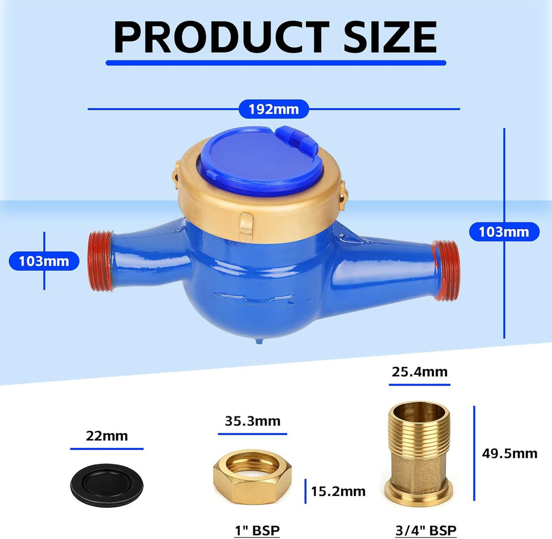 3/4" BSP Wasserzähler für Kaltwasser | DN20 Mechanischer Wasserzähler mit Messingkupplungen, Kubikme