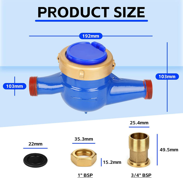 3/4" BSP Wasserzähler für Kaltwasser | DN20 Mechanischer Wasserzähler mit Messingkupplungen, Kubikme