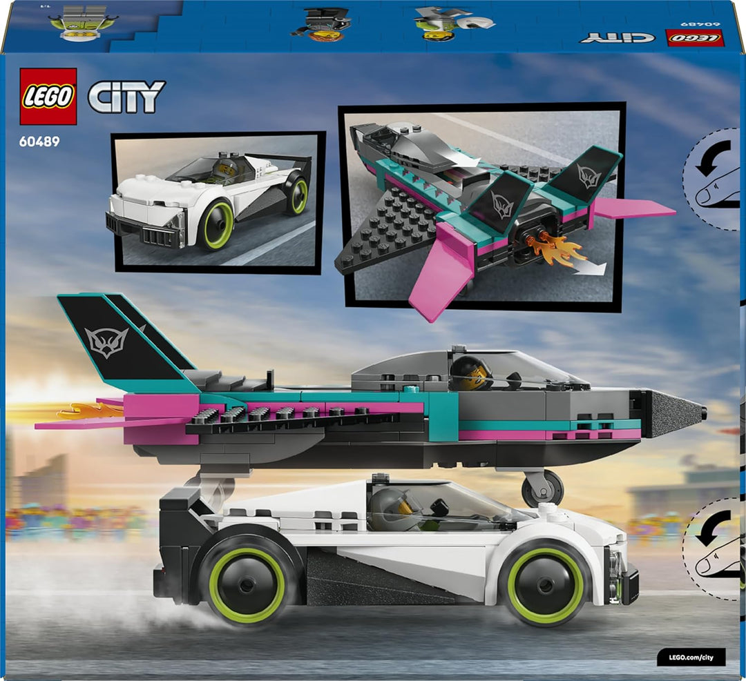 LEGO City Düsenflieger vs. Rennauto - Spielzeug Set mit Flugzeug, Supersportwagen und Pilot und Fahr