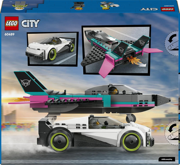 LEGO City Düsenflieger vs. Rennauto - Spielzeug Set mit Flugzeug, Supersportwagen und Pilot und Fahr