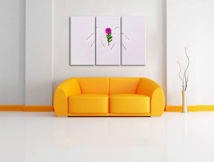 Strichmännchen mit Blume schwarz/weiss 3-Teiler Leinwandbild 120x80 Bild auf Leinwand, XXL riesige B