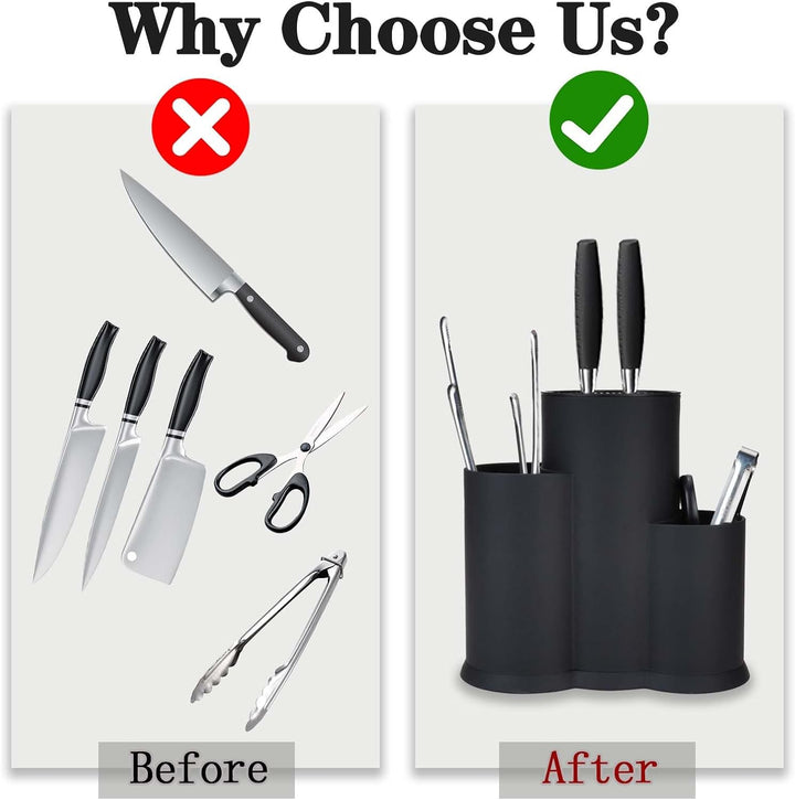 3 in 1 Messerblock Ohne Messer, Universal Schwarz Runder Messerblockhalter unbestückt mit Utensilien