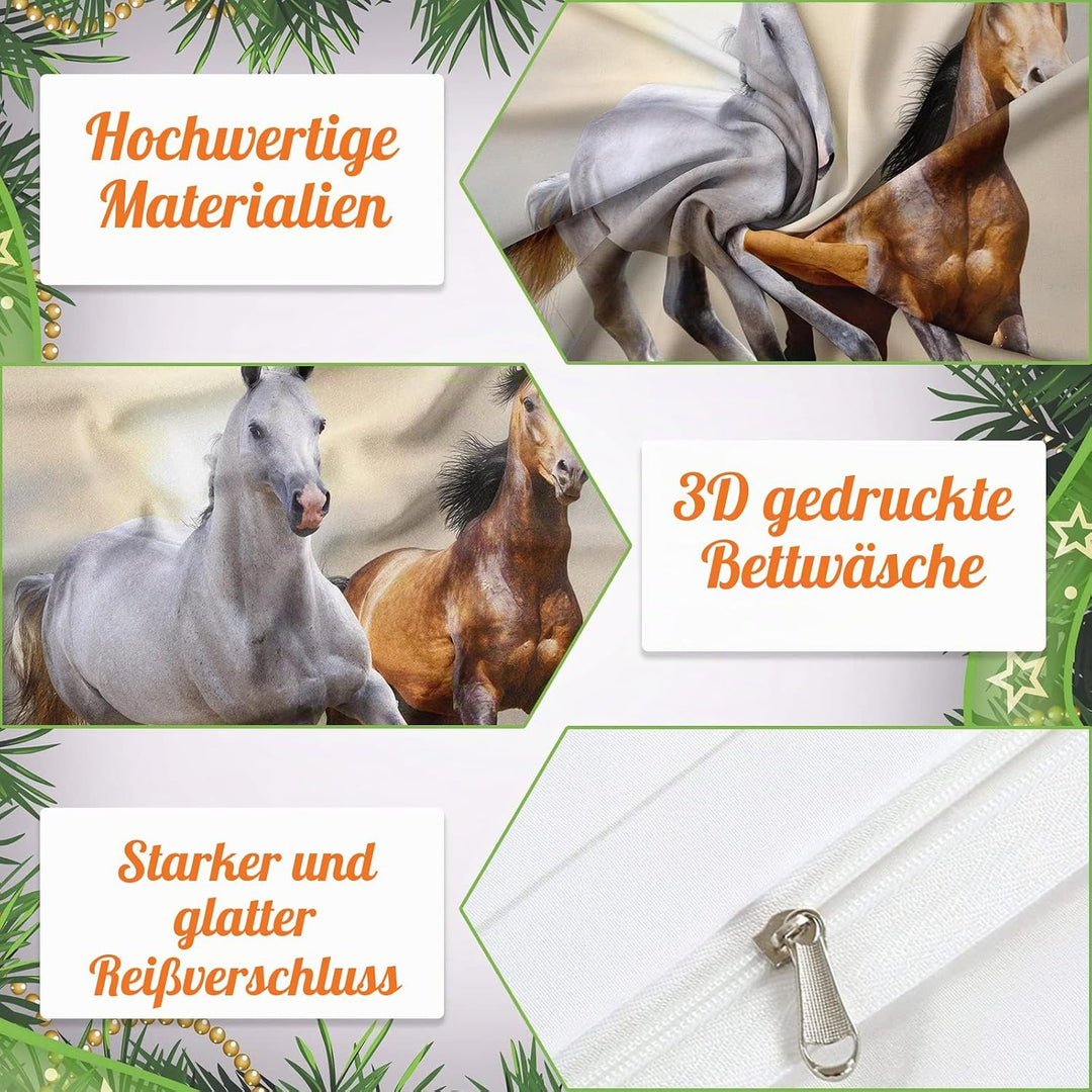 Bettwäsche-Set für Pferde 3D-Druck, Bettwäsche-Set,Tier Pferde Motiv Mikrofaser Bettbezug Set mit Re