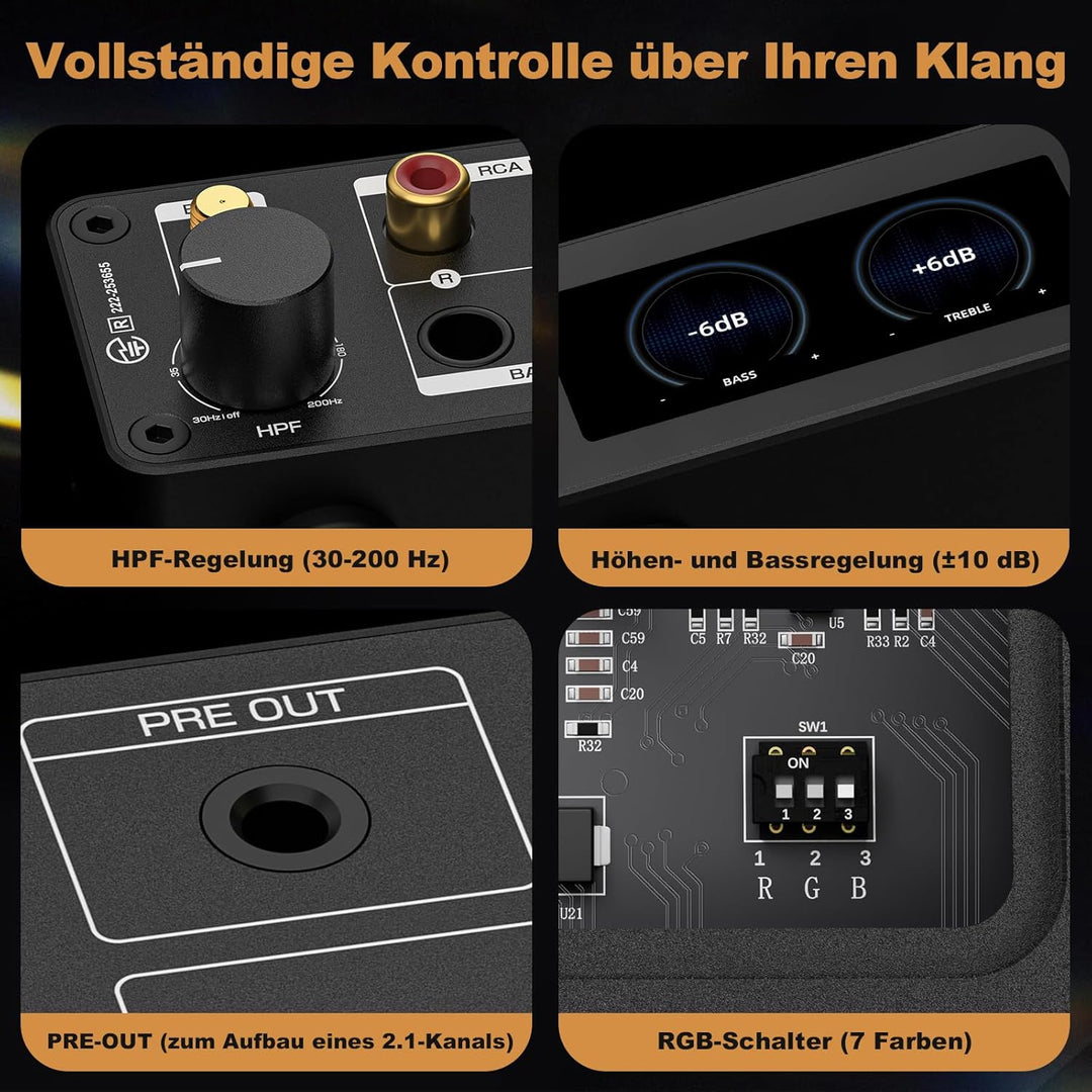 D1 2-Kanal Bluetooth Verstärker: HiFi 300W×2 Stereo Amplifier mit HPF | Digitalem VU-Meter | SUB Pre