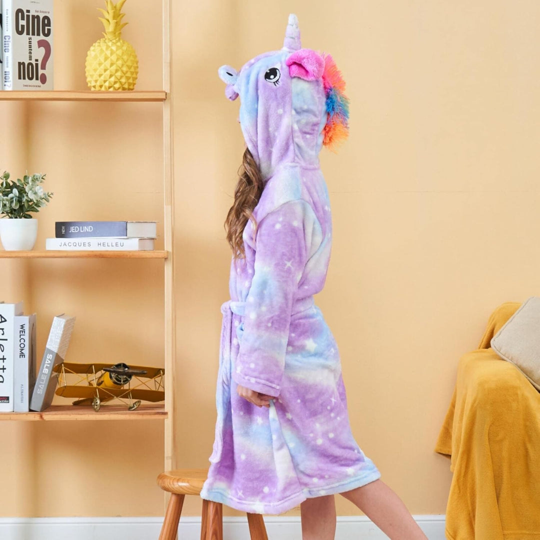 Piefry Weicher Einhorn-Bademantel mit Kapuze für Mädchen mit Einhorn-Pantoffeln, Augenbinde und Stir