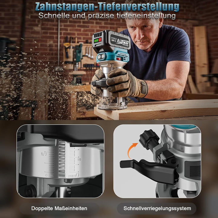 Yofuly Akku Oberfräse Kantenfräse für Maa-kita 18V Akku, 800W Einhandfräse Holzfräser mit 2 * 4.0Ah