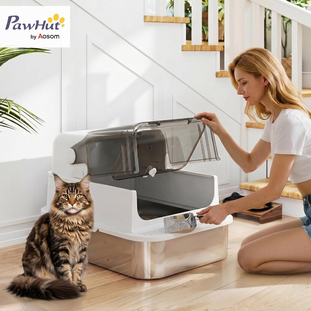 PawHut Katzenklo XXL Edelstahl mit Deckel 52L für grosse Katzen Weiss | Katzentoilette für Mehrere K