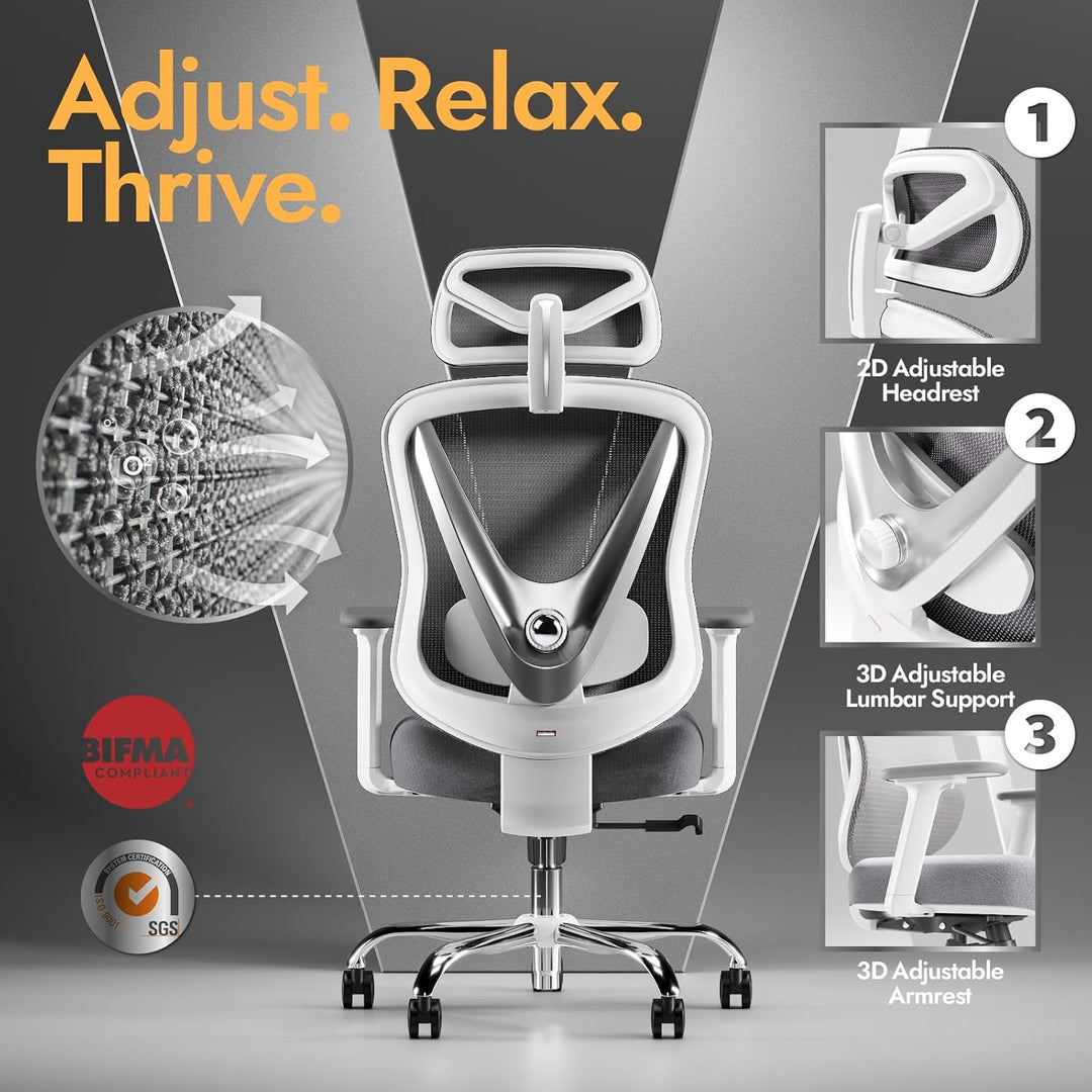 Ergonomischer Bürostuhl mit 3D Lendenstütze & 3D verstellbaren Armlehnen – V-förmiges Rücken-Design,
