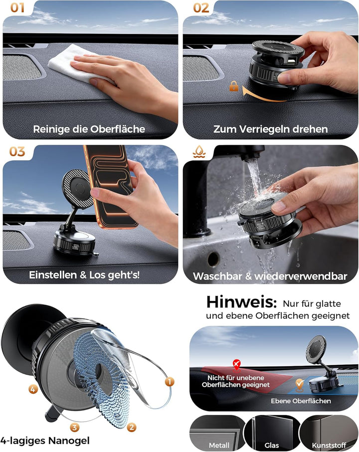 EGV Handyhalterung Auto Magnet – Upgraded Vakuum Saugnapf KFZ Magnethalterung, 360°Drehbar, Kompatib