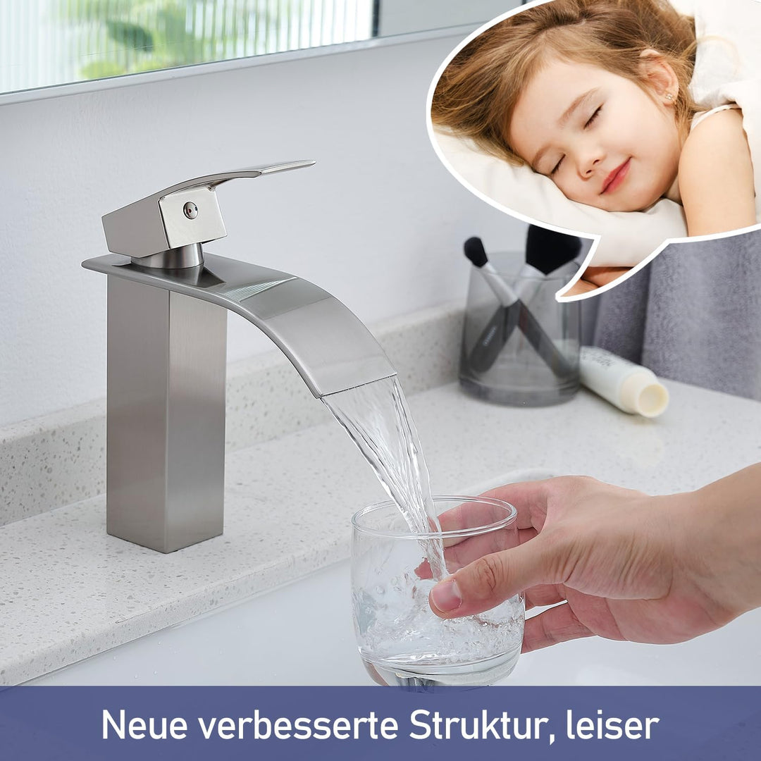 GENBONS Wasserhahn Bad Edelstahl | Wasserfall Waschtischarmatur für Badezimmer | Mischbatterie Wasch