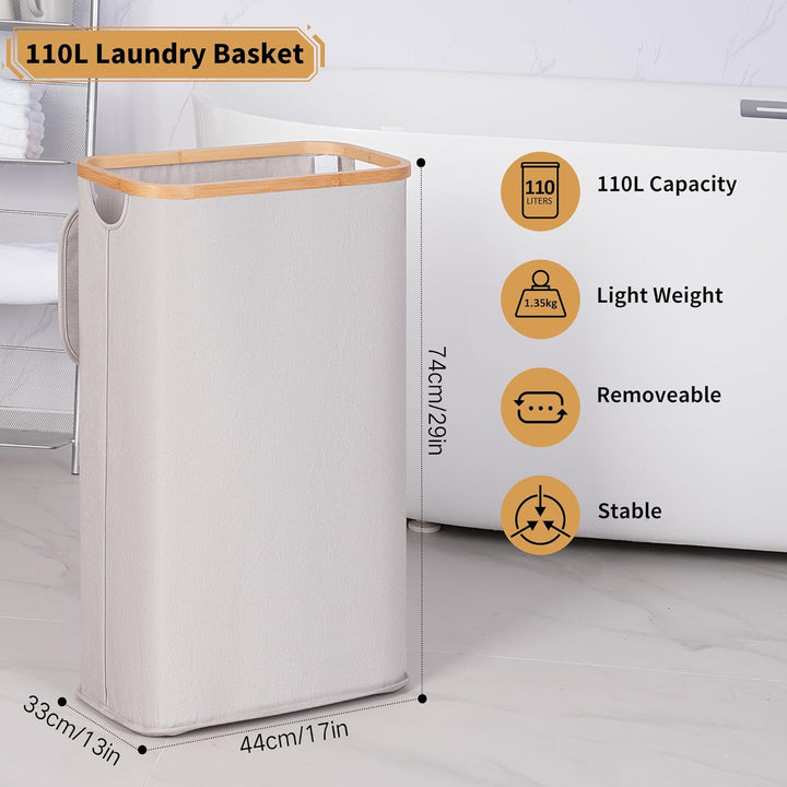 iEGrow Wäschekorb mit Deckel 110L, XL-Extra grosser Wäschesammler mit Herausnehmbarer und Waschbarer