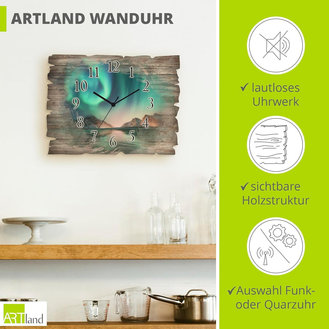 ARTLAND Wanduhr ohne Tickgeräusche aus Holz Quarzuhr 40x30 cm Rechteckig Lautlos Nordlicht Polarlich