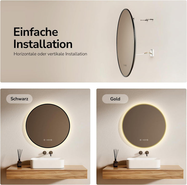 EMKE Runder Spiegel mit Beleuchtung ф60cm LED Badspiegel Schwarzer Rund Badezimmerspiegel mit Touch,