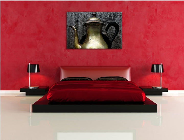 stilvolle alte Teekanne aus Metall auf Leinwand, XXL riesige Bilder fertig gerahmt mit Keilrahmen, K