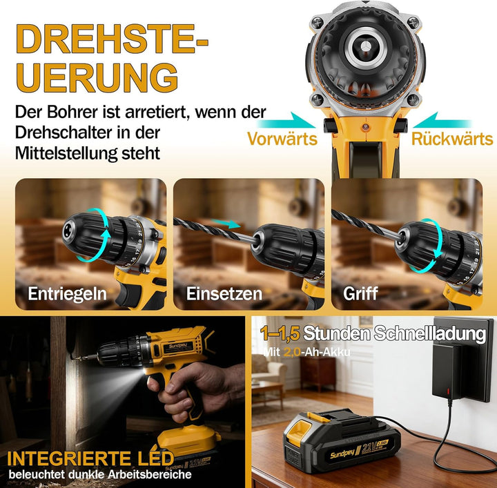 Werkzeugkoffer Gefüllt 267 tlg mit 21V Akkuschrauber, Schraubendreher Set mit 2.0Ah Batterie, Schubl