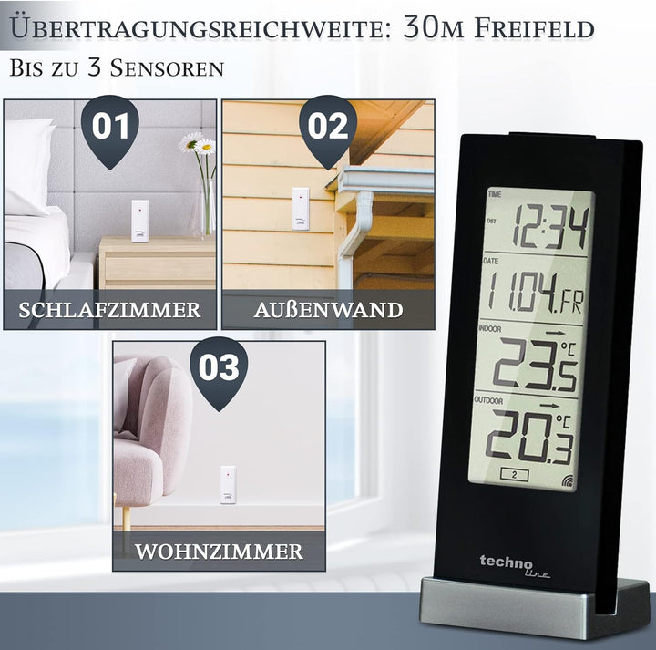 Technoline WS9612 moderne Wetterstation, schwarz & Technotrade Technoline WS 9767 Temperaturstation