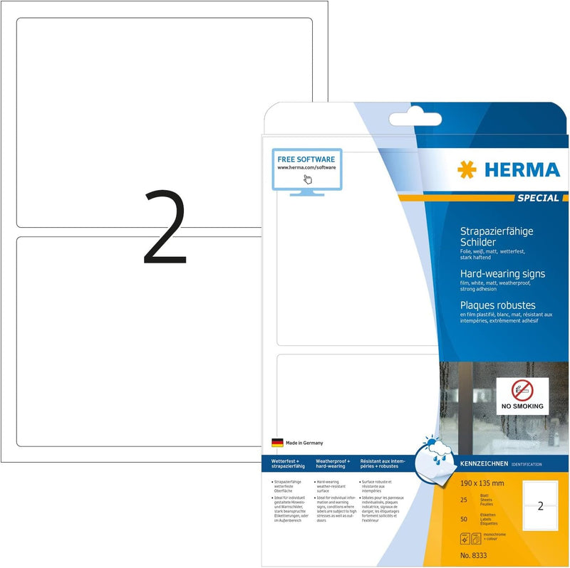 HERMA 8333 Wetterfeste Folienetiketten, 25 Blatt, 190 x 135 mm, 2 Stück pro A4 Bogen, 50 Aufkleber,