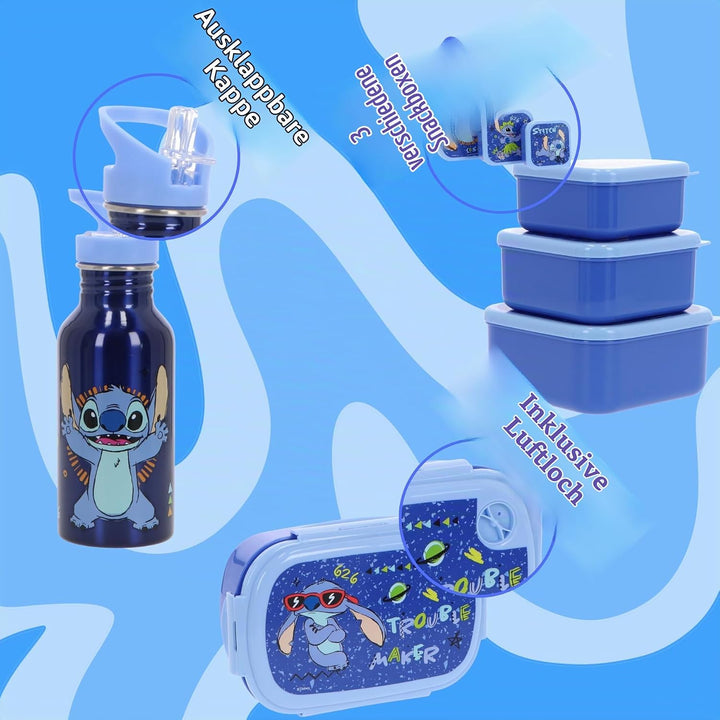 Stitch Lunchset für Kinder – 5-teilig mit Brotdose, 3 Snackboxen &amp; Trinkflasche – Blaues Set für Jun