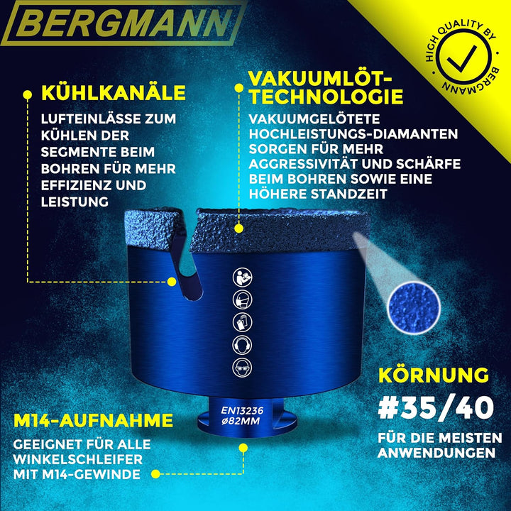BERGMANN ® ∅ 82mm x M14 | Profi Fliesenbohrer Diamantbohrer Granitbohrer | Winkelschleifer Feinstein
