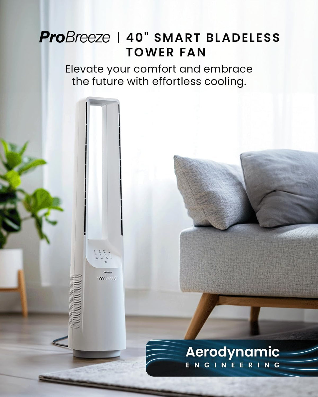 Pro Breeze 101cm rotorloser Ventilator, Gleichstrommotor, Ventilator mit Fernbedienung, LED Display,