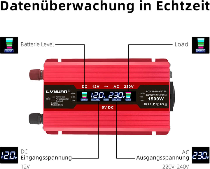 LVYUAN Wechselrichter 12V 230V 1500W Spannungswandler Stromumwandler Inverter mit 2 USB LCD EU Steck