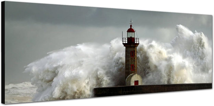 Paul Sinus Art Panoramabild auf Leinwand und Keilrahmen 150x50cm Meer Sturm Welle Leuchtturm