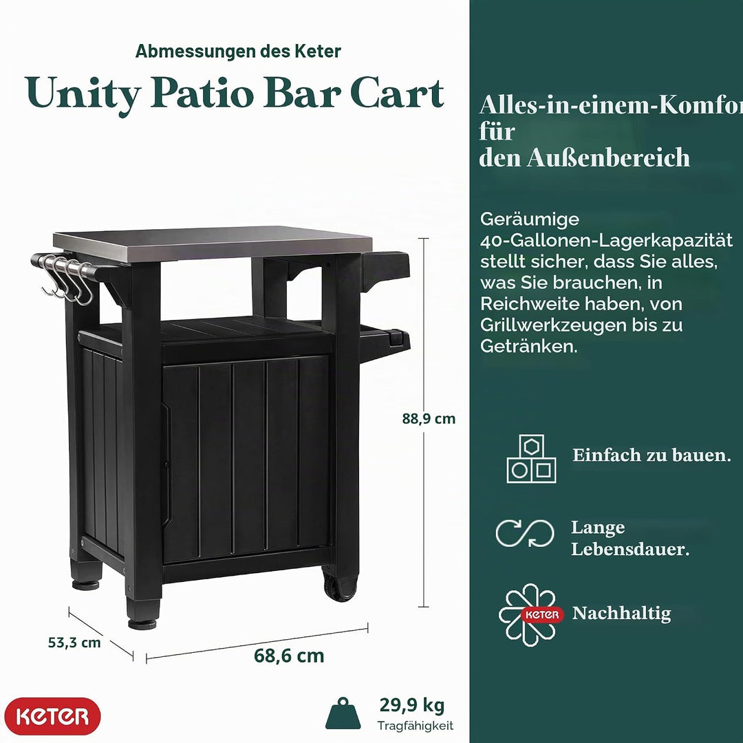 Keter Unity Portable 40 Gal Outdoor Table and Storage Cabinet w/ Accessory Hooks, Stainless Steel To