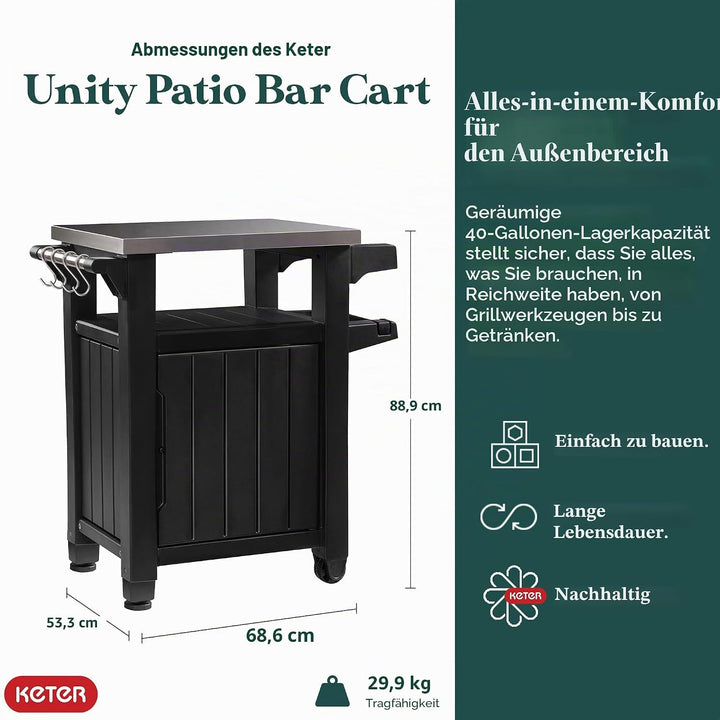 Keter Unity Portable 40 Gal Outdoor Table and Storage Cabinet w/ Accessory Hooks, Stainless Steel To