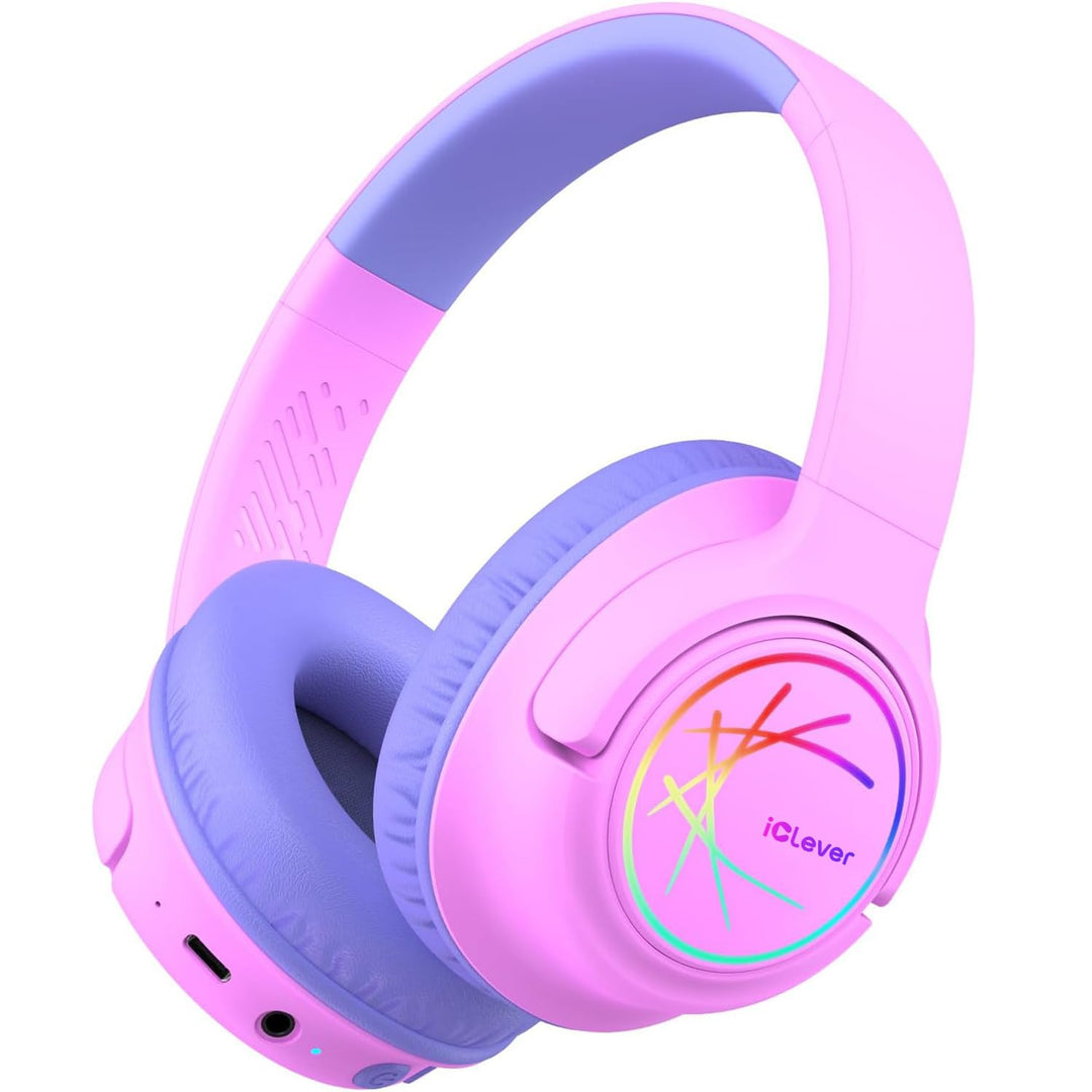 iClever Bluetooth Kopfhörer Kinder mit LED-Leuchten, 74/85dBA Lautstärkebegrenzung, 43 Stunden Spiel