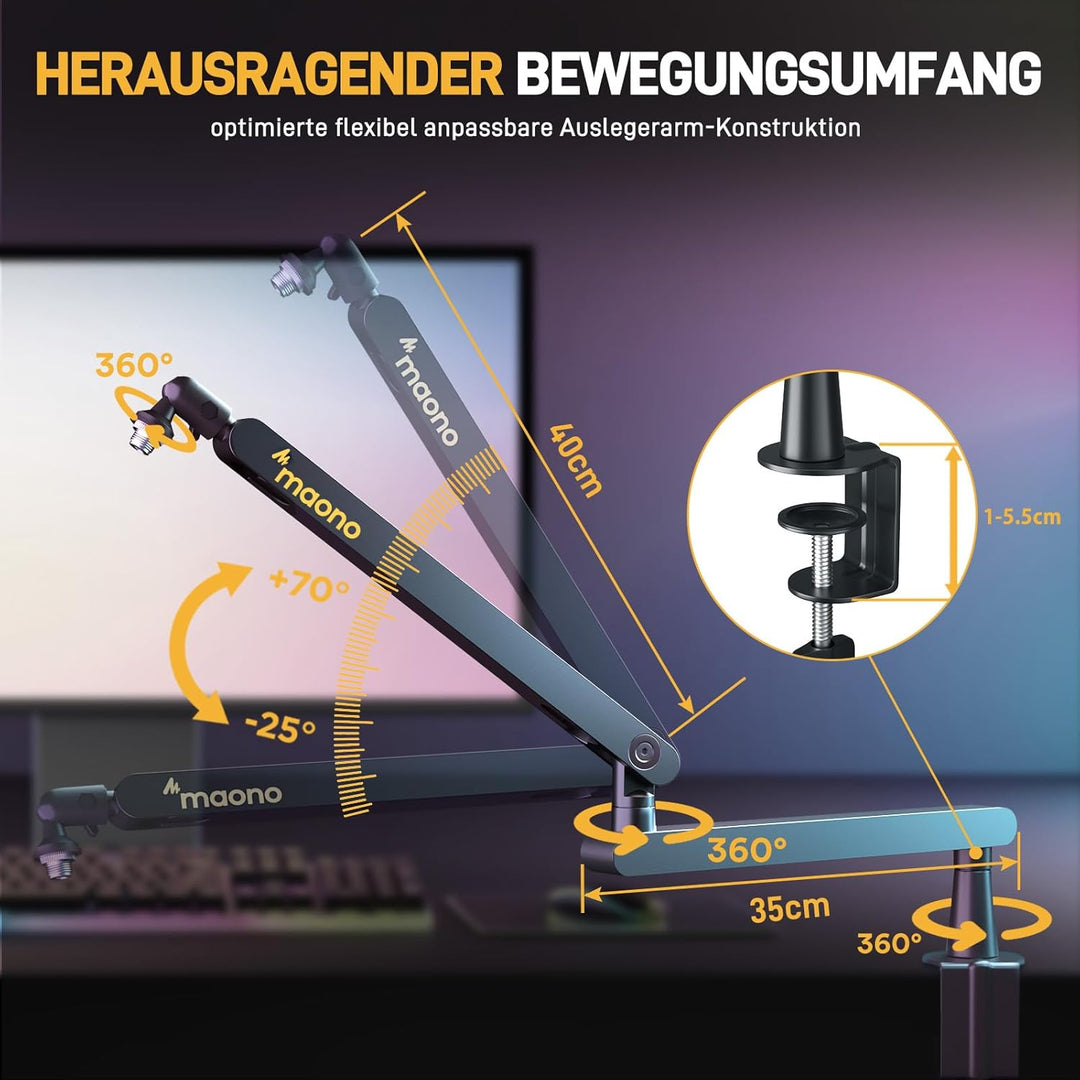 MAONO Mikrofon Arm – Low Profile Mic Arm mit Kabelkanälen für aufgeräumten Arbeitsplatz. Mit Tischkl
