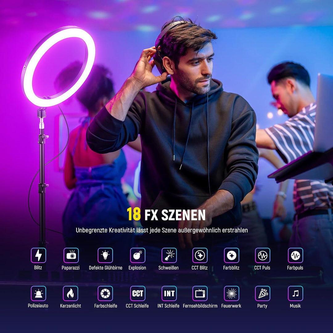 NEEWER RH12C 12" Ringlicht mit Stativ Kompatibel mit iPhone, 24W LED RGB Ring Light mit Handyhalter