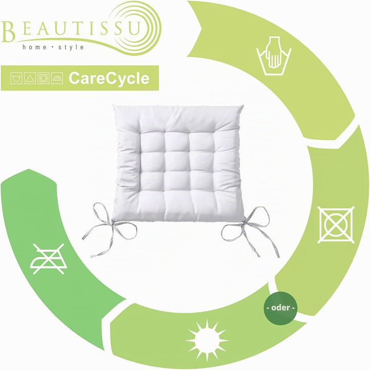 Beautissu 4er Set Stuhlkissen mit Bändern Indoor &amp; Outdoor Auflagen Stühle | 40x40 in Ecru mit 5cm P