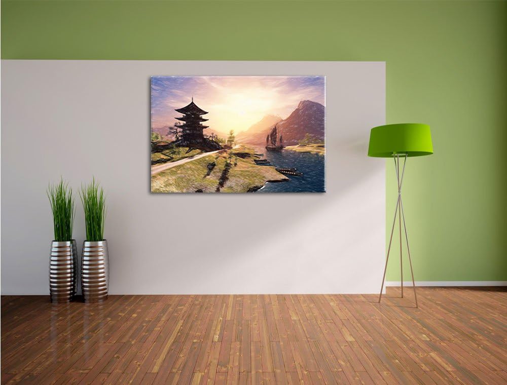 Pixxprint asiatischer Tempel an Fluss als Leinwandbild/Grösse: 100x70 / Wandbild/Kunstdruck/fertig b