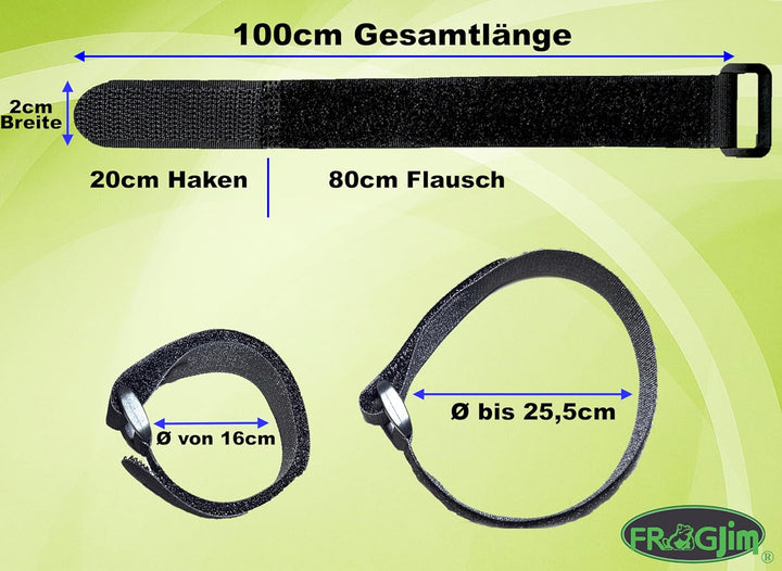 5x Klett Kabelbinder 100 cm - schwarz mit Schnalle - wiederverschliessbares Klettband 100cm mit Öse
