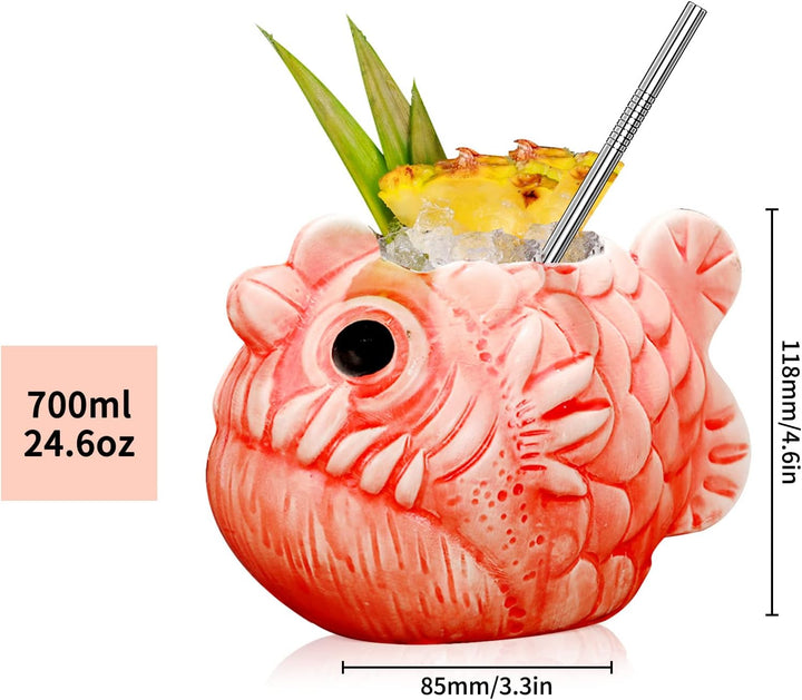 Tiki-Tassen-Set Fische Hawaii-Party-Becher aus Keramik für Cocktails hochwertiges Tassen-Set mit 2 T