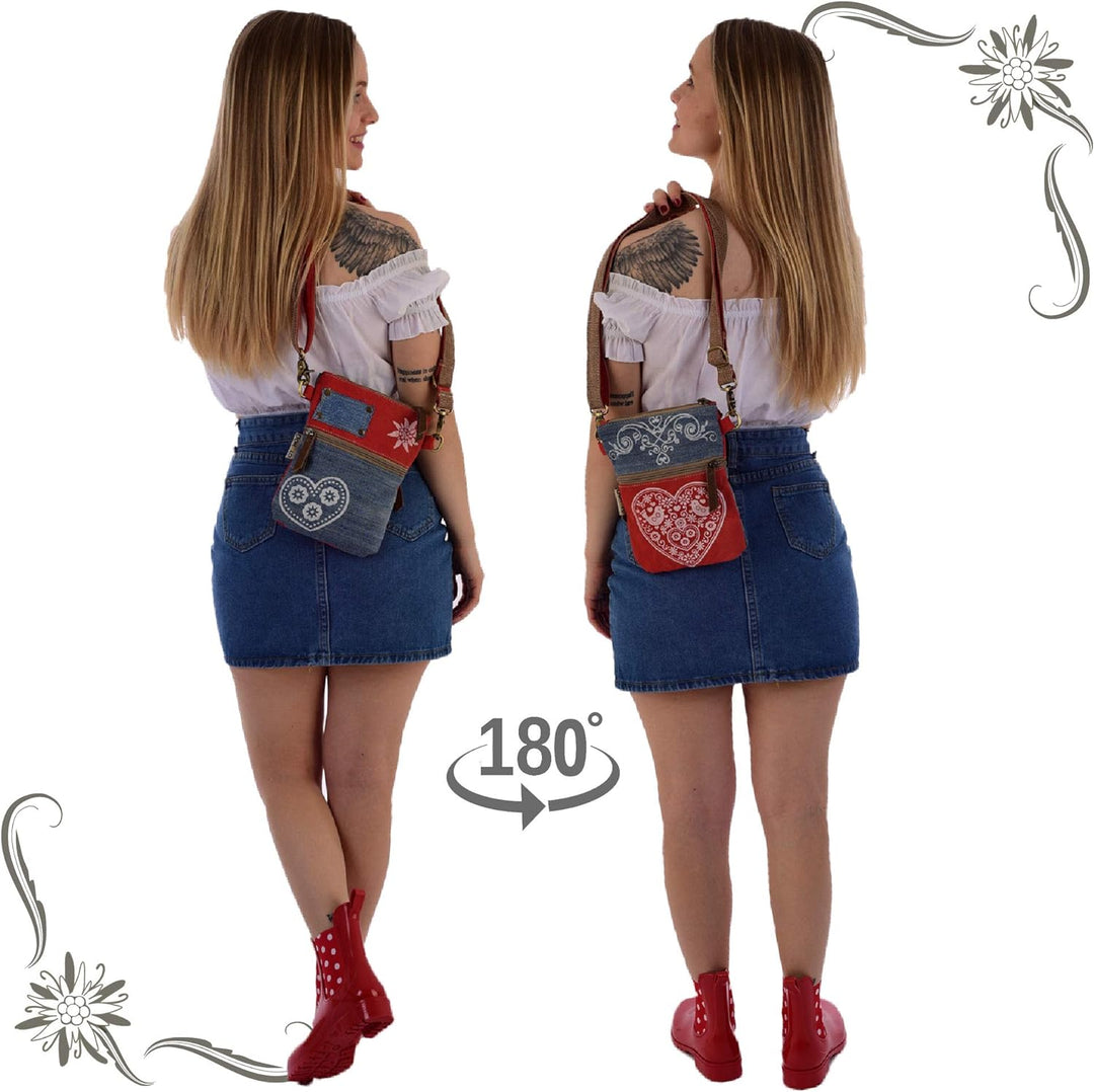 Domelo Trachtentasche. kleine Nachhaltige Umhängetasche aus Recycelte Jeans. Crossbody Bag mit Herz