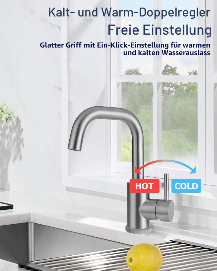 Wasserhahn Bad 360° Drehbar,Edelstahl Wasserhahn Badezimmer mit Warm/Kaltwasser Mischbatterie,Einheb