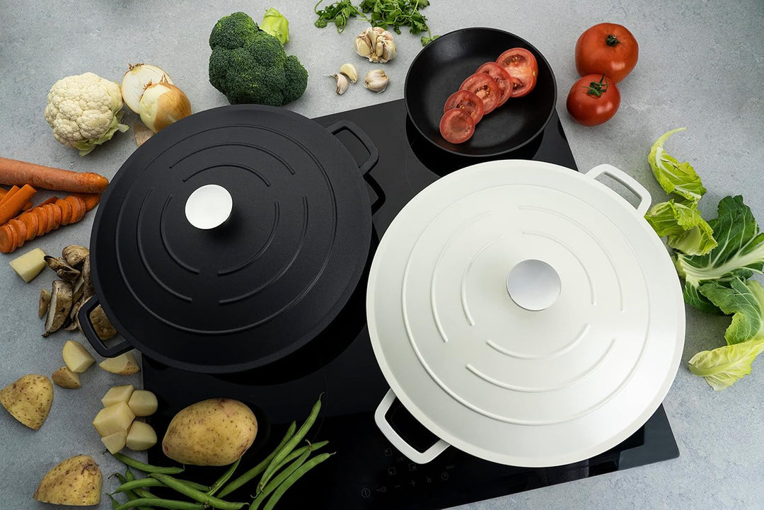 Commichef Runde Kasserolle, Auflaufform, Schwarz, Aluminiumguss, Mit Deckel, 28cm Durchmesser, 6,5 L
