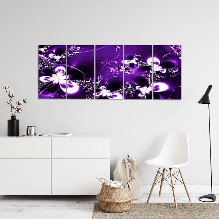 Runa Art Wandbild XXL Abstrakt Blumen Wohnzimmer Schlafzimmer 200 x 80 cm Lila 5 Teilig - Made in Ge