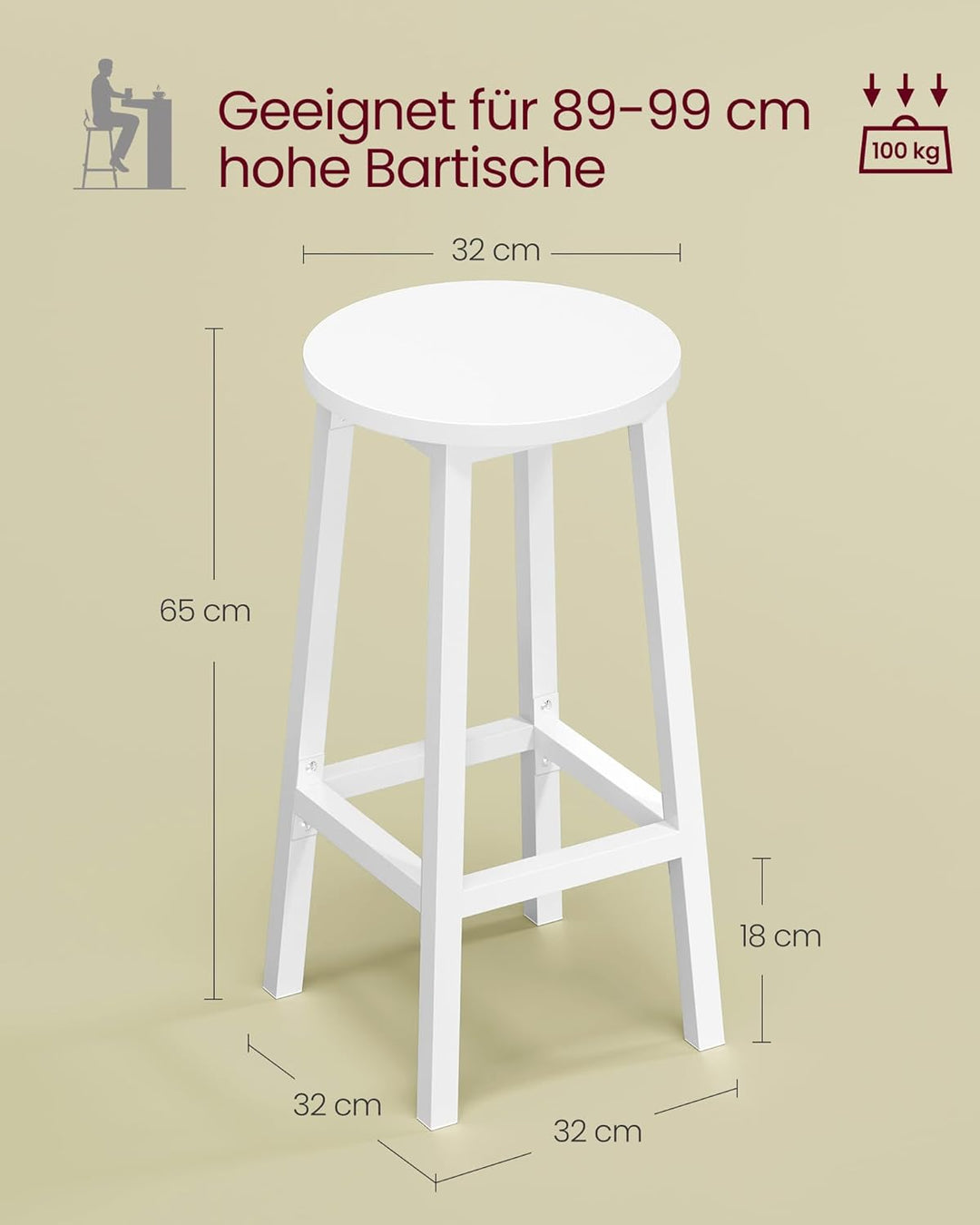 VASAGLE Barhocker, 2er Set, Barstühle, Küchenstühle mit Metallgestell, einfache Montage, 65 cm hoch,