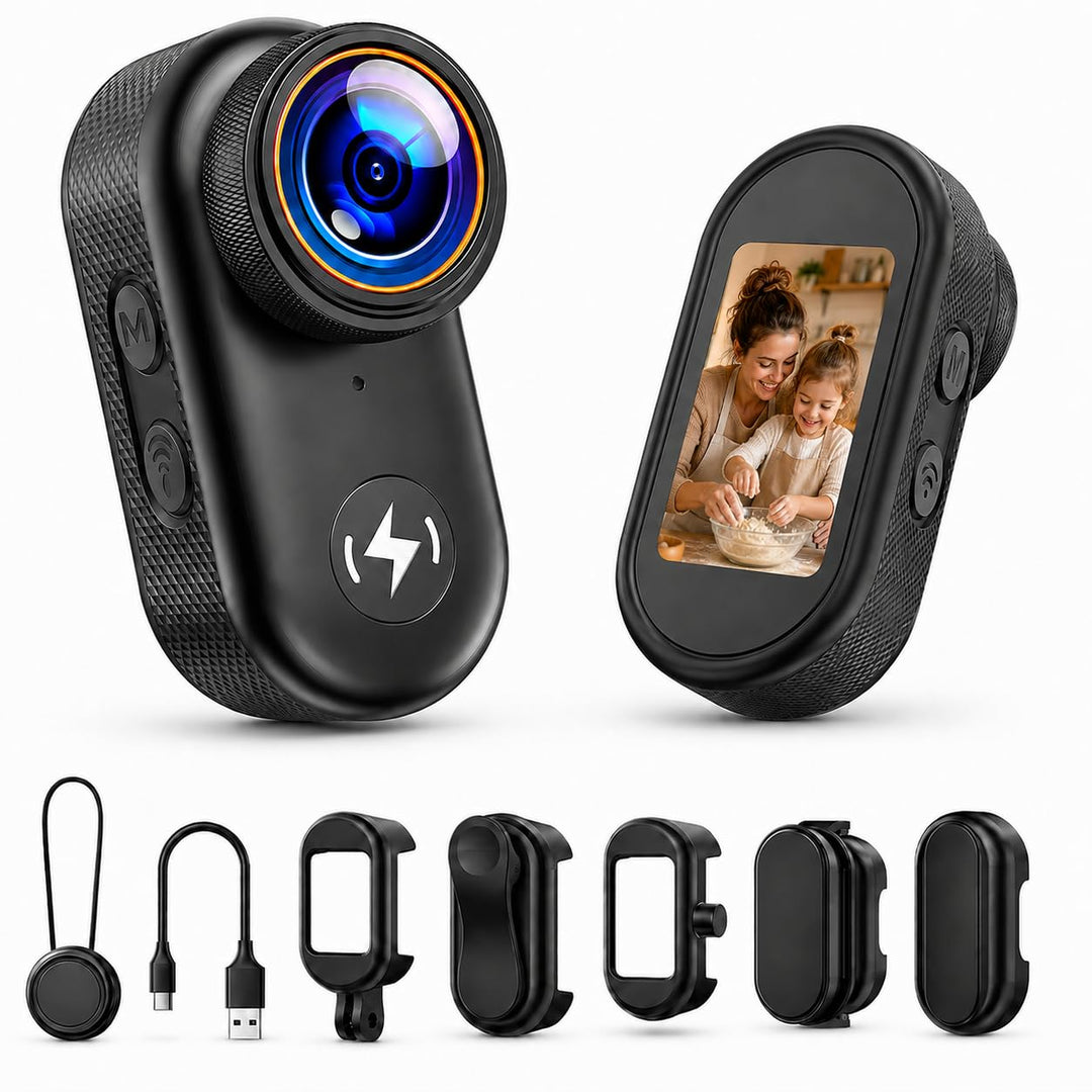 4K POV Kamera im Daumen Format – Mini Action Kamera mit WLAN, 64GB Speicherkarte, 1,47 Zoll Display