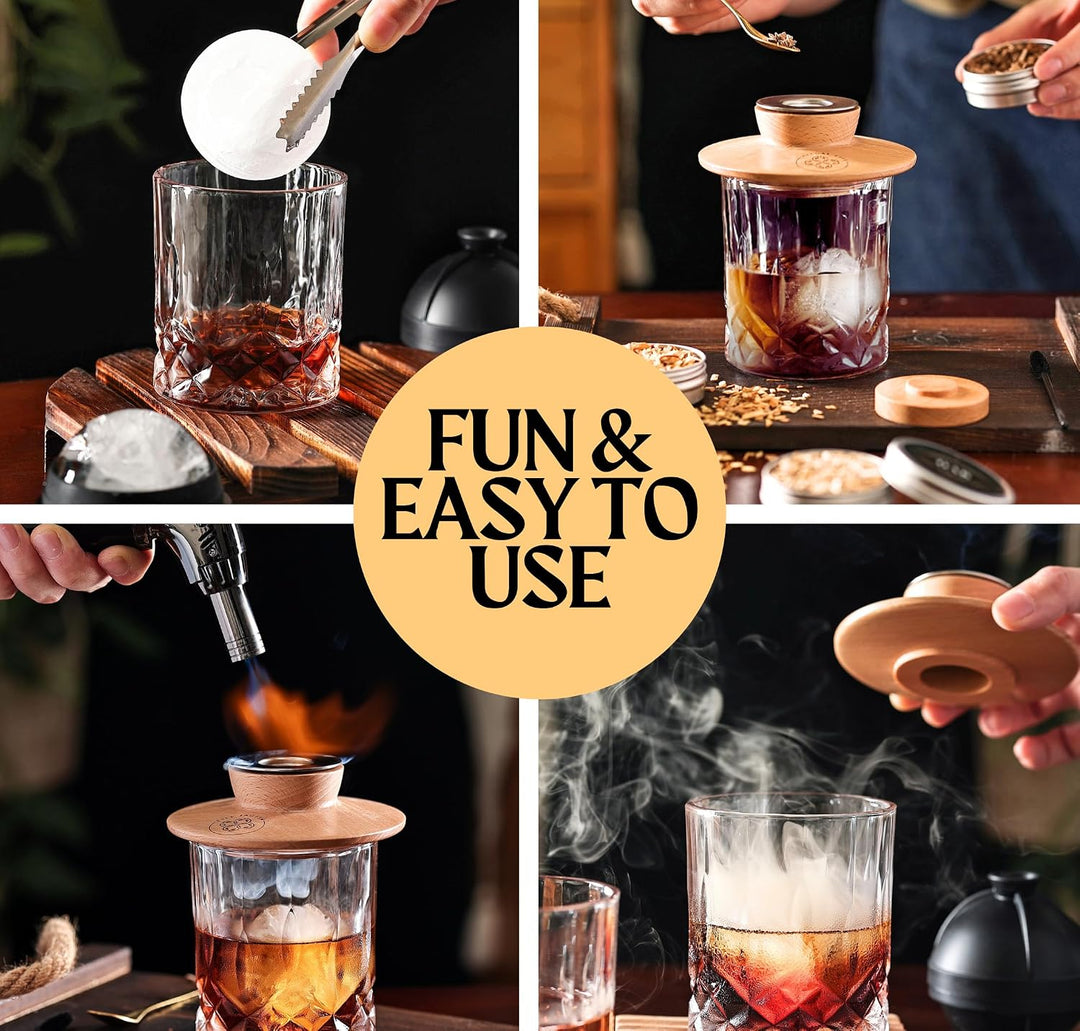 Cocktail-Räucher-Kit – Whiskey Bourbon Drink Smoker mit Taschenlampe, Custom Top, 2 Eiskugel-Maker,