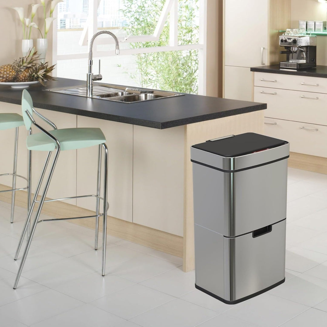 NARVIK Automatic Kitchen Bin Double Compartment 75l Edelstahl Recycling grosse Kapazität und 3l Tabe
